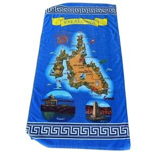Kefalonia Greece Island Map Beach Towel Greek Key 100% Cotton 30x57 Souvenir